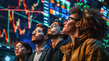 Obraz premium Millennials in the group are looking at financial dollar stock charts.