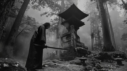 Fototapeta premium Lone samurai kneels solemnly at a forest shrine in reverence