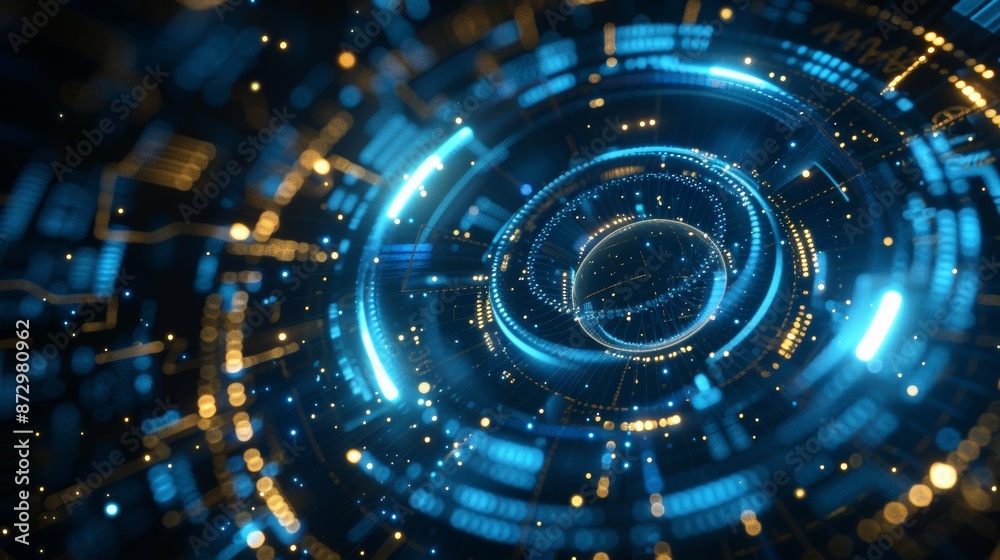 Poster a rendering of an abstract technology product display. a sci-fi circle circuit hud in yellow and blu