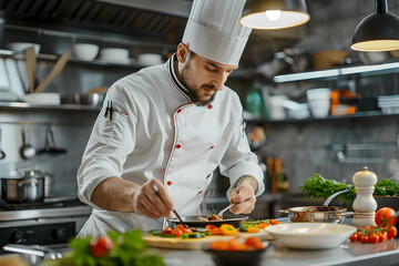 A professional chef preparing a gourmet meal in a commercial kitchen, with fresh ingredients and cooking utensils.