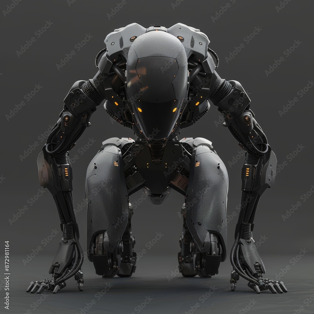 Sticker In a futuristic black armor suit, a cyborg female squats, putting her palm on the floor. She looks up at the floor. A cyborg female sitting on her haunches, looking at the ground.