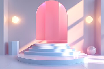 Minimalist podium setup with pastel colors, geometric elements, and soft lighting, ideal for...