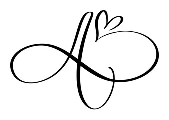 Vector Vintage heart letter monogram logo A. Love Calligraphy element Valentine flourish. Hand drawn sign for page decoration design illustration, wedding card, invitation