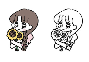 ヒマワリを持つ女の子の手描きイラスト、色付きと線画のセット