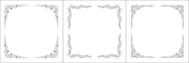 Set of three vegetal vector frames with forest flowers and leaves. Black and white. Vector frame for all sizes and formats. Isolated vector illustration.	
