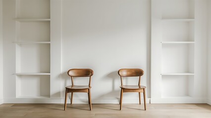 Living room design with empty wall mockup, two wooden chairs on white wall
