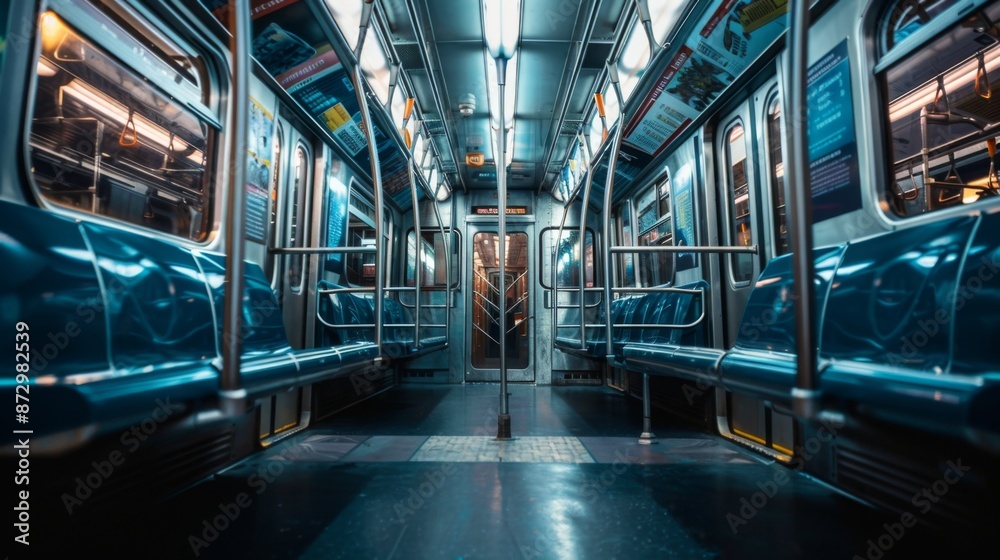 Poster a subway train interior with empty seats and handrails, illuminated by overhead lights