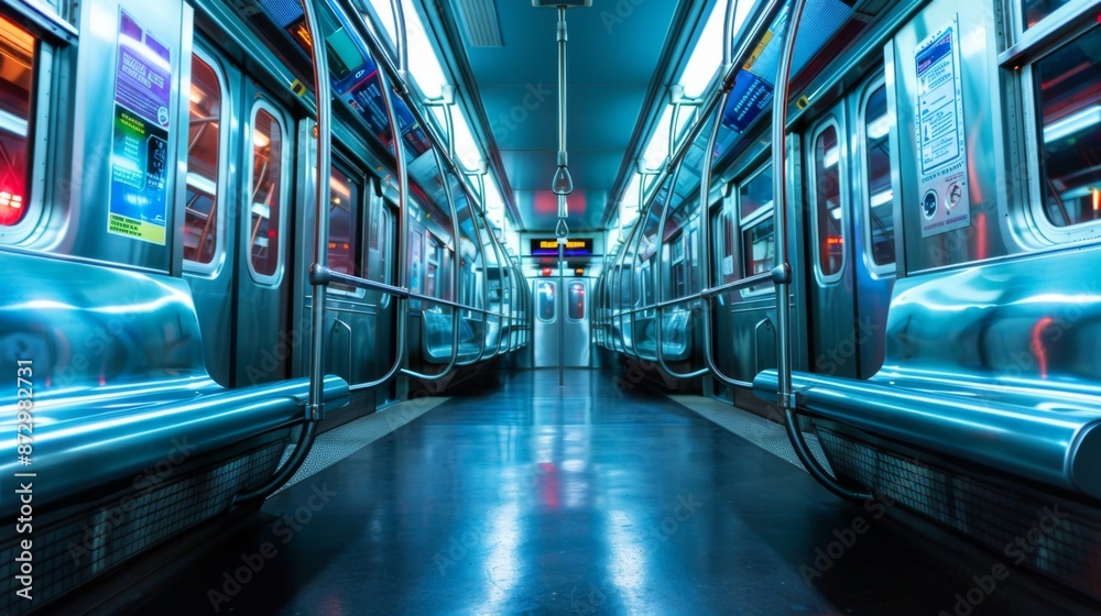 Poster a subway train interior with empty seats and handrails, illuminated by overhead lights
