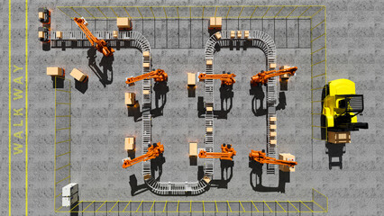 Factory 4.0 concept. The cooperation  of Handling robot , AGV (automated guided vehicle) and...