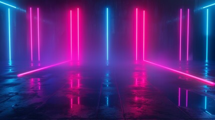 This is an abstract rendering, in which the floor is reflected by neon lines, with pink and blue gradients, inside a black room, with neon lines glowing in the dark.