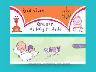 Social Media Banner or Header Design Set for Kids Store and Baby Shower with Special Offer.
