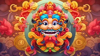 Vibrant Traditional Asian Mask with Intricate Patterns and Bold Colors in a Decorative Circular Frame