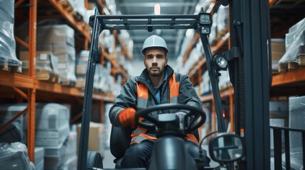 Fototapeta premium Friendly forklift driver in warehouse Wear dark gray and orange work clothes. Including safety equipment