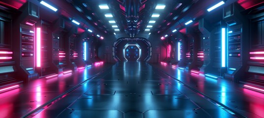 Spaceship interior with projector and neon lights. Futuristic corridor in a space station. 3D rendering based on the original photo.