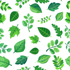 seamless pattern features various shades and shapes of green leaves against a white background. Perfect for nature-themed designs, eco-friendly packaging, and botanical illustrations