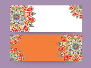 Social Media Banner or Header Decorated with Mandala Ornaments and Copy Space in Two Color Options.