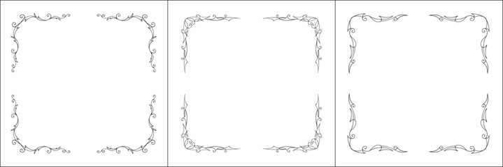 Set of three thin vector decorative frames. Black and white. Vector frame for all sizes and formats. Isolated vector illustration.	
