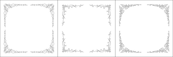 Set of three vegetal vector frames with forest flowers and leaves. Black and white. Vector frame for all sizes and formats. Isolated vector illustration.	
