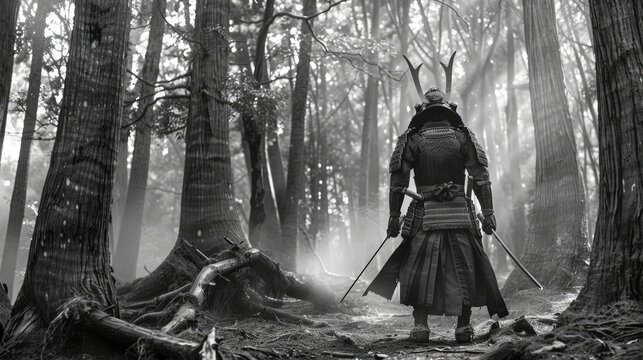 Lone samurai warrior in traditional armor stands in a dense forest, ready to unsheathe his katana.