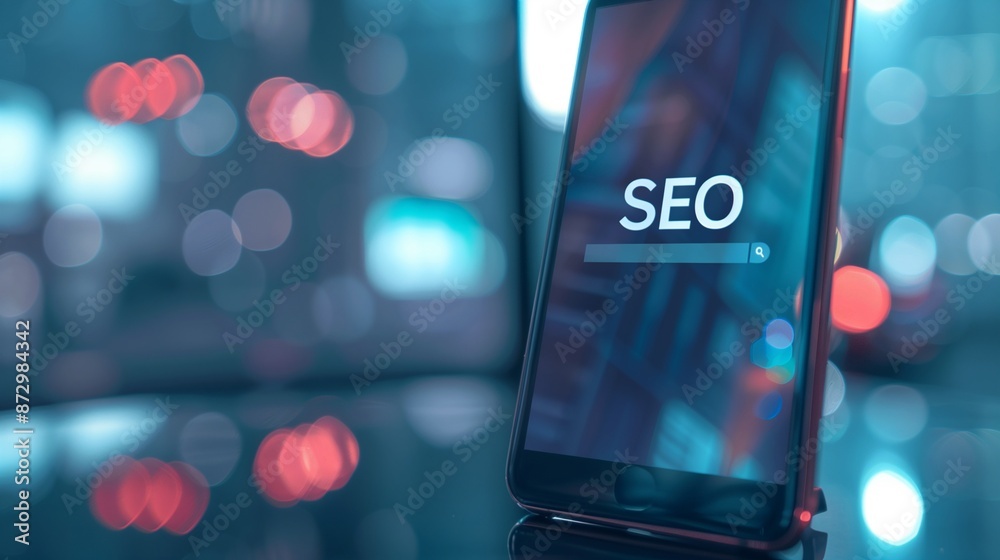 Sticker smartphone displaying seo on the screen, representing e-commerce search engine optimization. ideal f