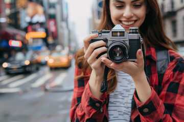 woman using camera in street . ai generated