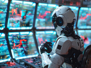 robot sitting in front of several computer screens. The computer screens should display something creative