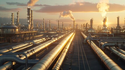 Industrial landscape with pipelines in a large oil refinery.