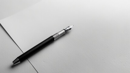 Elegant ink pen resting on a crisp blank sheet of paper, symbolizing professionalism and business planning, ideal for corporate documents, office environments, and business presentations