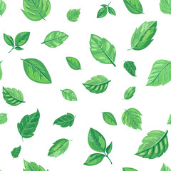 seamless pattern features various shades and shapes of green leaves against a white background. Perfect for nature-themed designs, eco-friendly packaging, and botanical illustrations