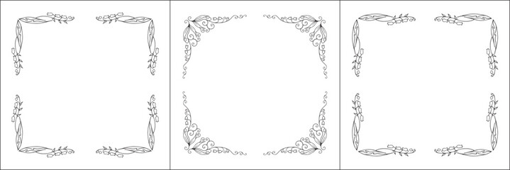Set of three vegetal vector frames with forest flowers and leaves, bluebells. Black and white. Vector frame for all sizes and formats. Isolated vector illustration.	
