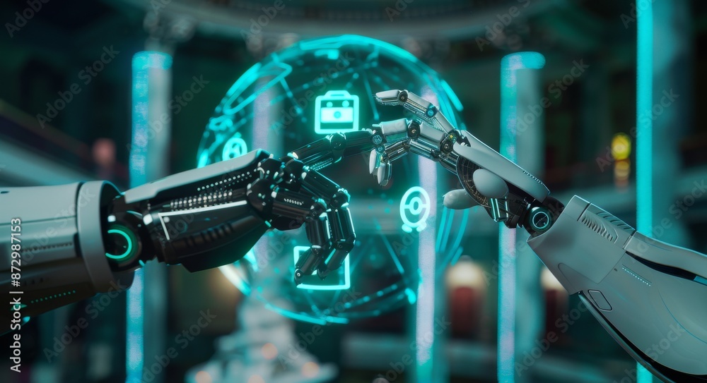 Poster hands of robot and human touching on future interface for global virtual network connection. machine