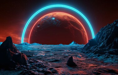 It is a futuristic sci-fi concrete room with glowing neon, a virtual reality portal, vibrant colors, a laser energy source, and blue neon lights.