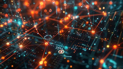 Obraz premium Futuristic Financial Technology Concept with Interconnected Digital Nodes and Cryptocurrency Coins