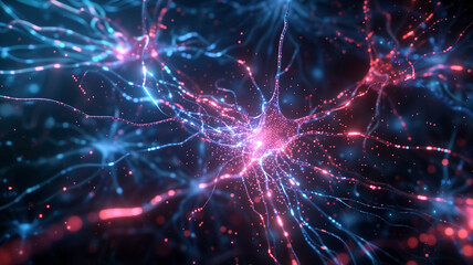 Naklejka premium Abstract Visualization of Neural Network Connections with Glowing Synapses and Electric Impulses