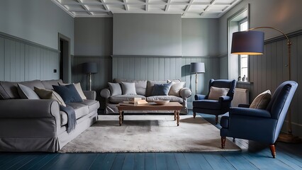 Grey and navy blue living room interior with comfortable sofa and armchairs