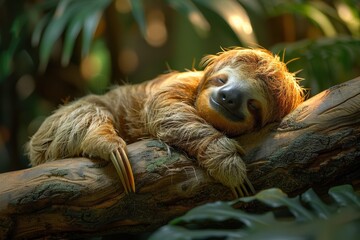 Fototapeta premium A peaceful sloth in a deep sleep atop a sturdy tree branch in the lush and vibrant environment of a tropical rainforest, illuminated by soft, natural light.