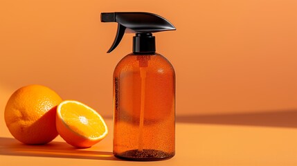 A bottle of orange cleaner sits on a table next to an orange. The bottle is half full and the orange is cut in half