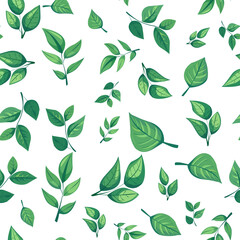 seamless pattern features various shades and shapes of green leaves against a white background. Perfect for nature-themed designs, eco-friendly packaging, and botanical illustrations