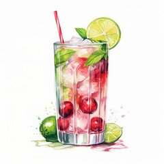 Cocktail Day with Berries, Fruits and Mint Leaves. Hand Drawn Coctail Day Sketch on White Background.