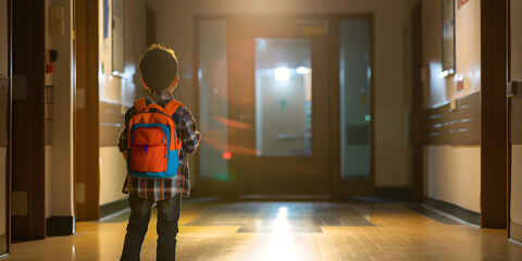 boy with red backpack back to school concept