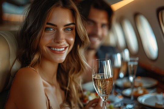 A smiling couple enjoying a luxurious moment onboard a private jet, with the woman holding a glass of wine and a fine dining setup visible in the background.