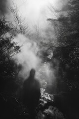 Obraz premium Mysterious figure walking through an ethereal foggy forest