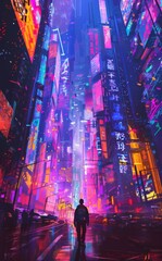 Walking in the futuristic city with colored lights, illustration painting of a glowing blue man