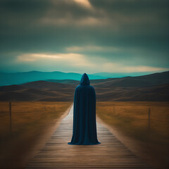 silhouette of a person with a cloak at sunset standni gon a road