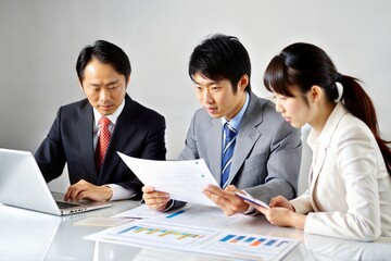 Asian Businessman Examining Financial Reports with Colleagues
