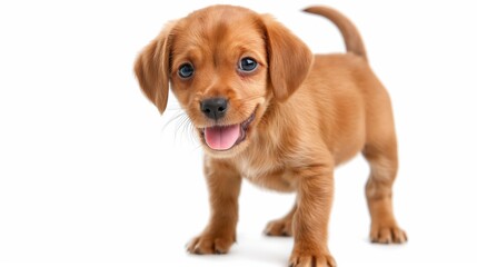 A cute brown puppy with blue eyes is standing on a white background. The puppy has a happy expression and is wagging its tail