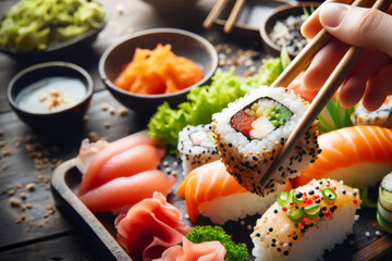 A plate of sushi with avocado and a white sauce