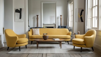 Yellow sofa in fresh interior living room