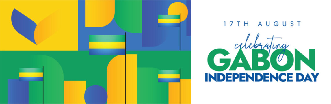 Gabon Independence Day background, cover banner, social media post. 17th August 1960 Gabon Independence day celebration banner with its flags, abstract art elements in flag colours, hanging decoration - Powered by Adobe