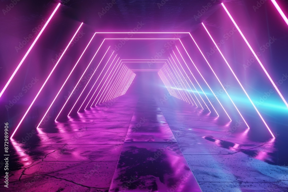 Poster Glowing cyber punk banner, 3D render illustration dark background, futuristic Sci-Fi neon lights, glowing line, violet neon laser light, tunnel, corridor, virtual reality scene.